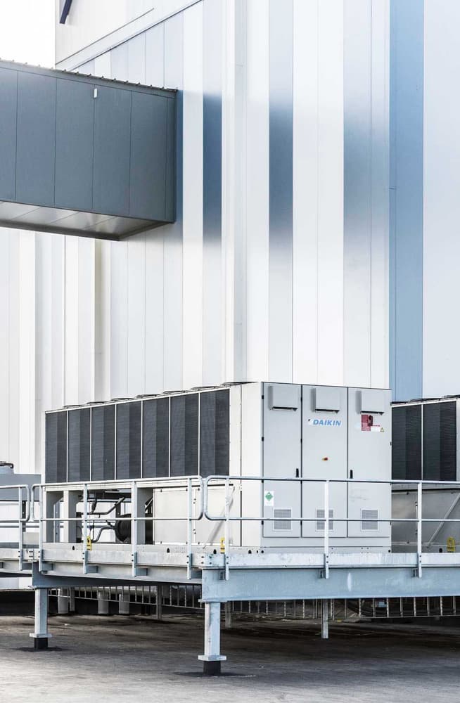 Daikin commercial chiller installation on an external platform at a London commercial site
